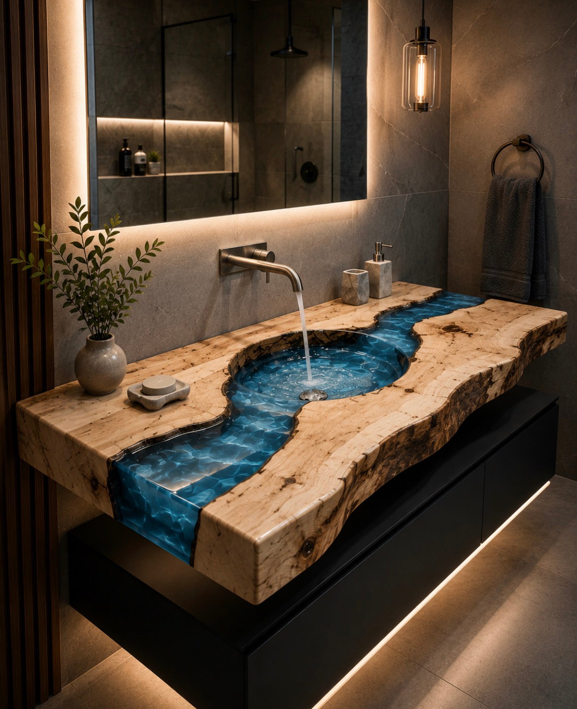 Resin River Sink-Blue epoxy resin river Maple Slab with Floating base cabinet