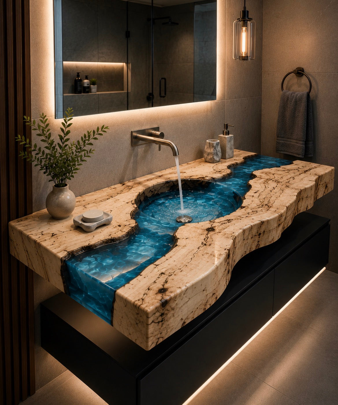 Resin River Sink-Blue epoxy resin river Maple Slab with Floating base cabinet