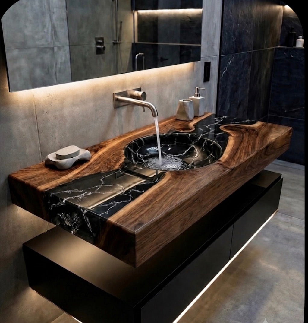 Live Edge River Sink, Epoxy Resin Sink & Wood Vanity