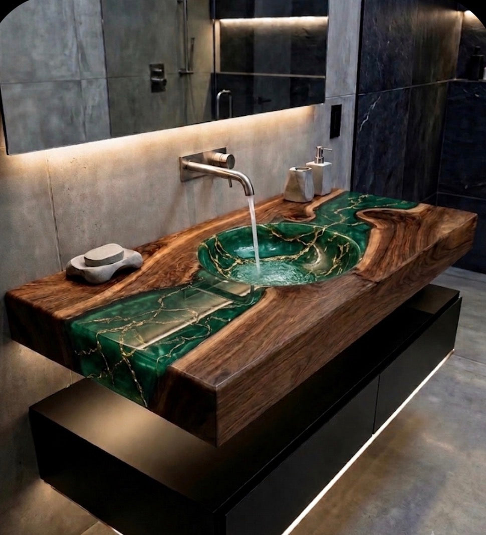 Live Edge River Sink, Epoxy Resin Sink & Wood Vanity