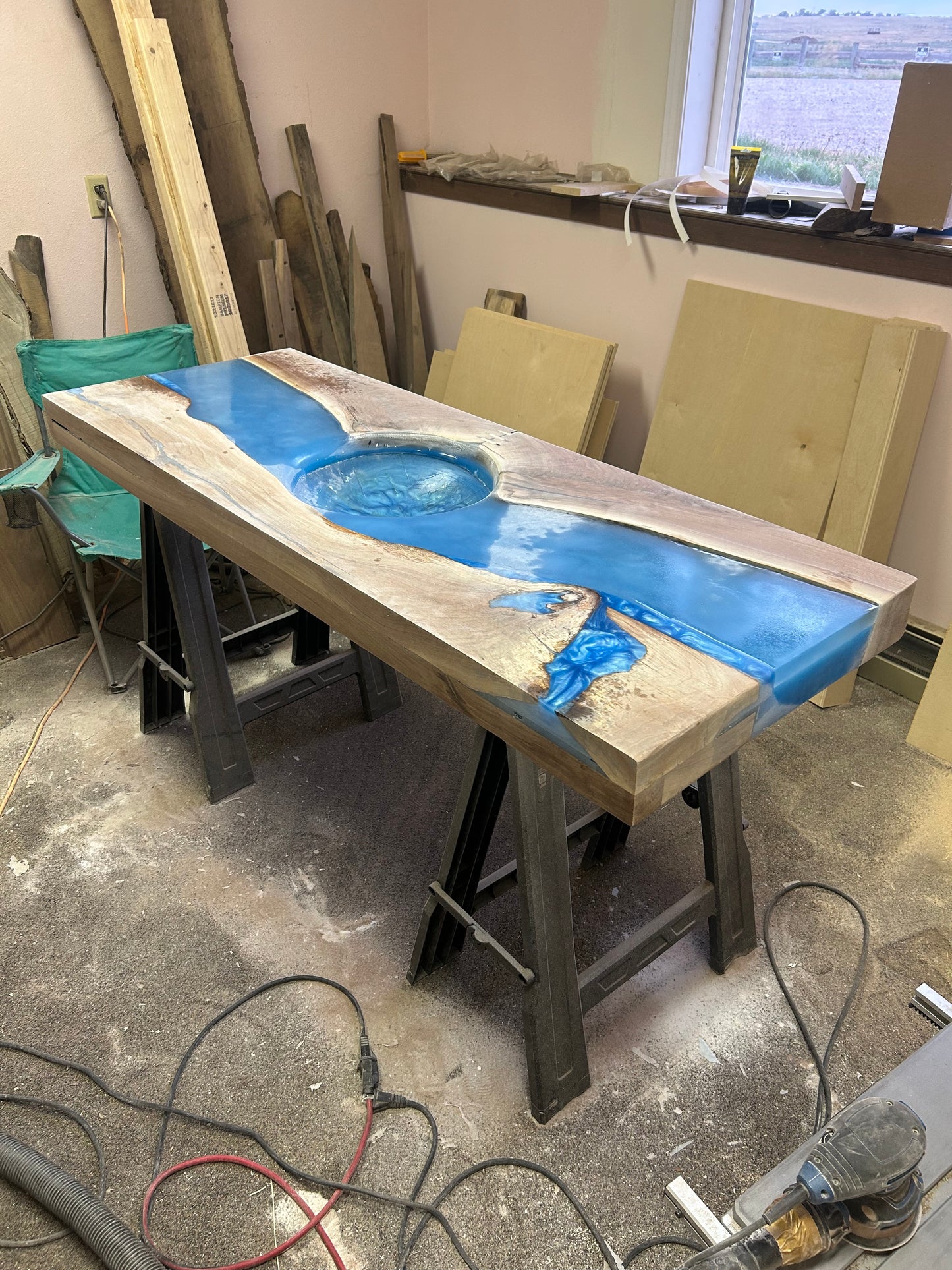 Resin River Sink-Blue epoxy resin river Maple Slab with Floating base cabinet