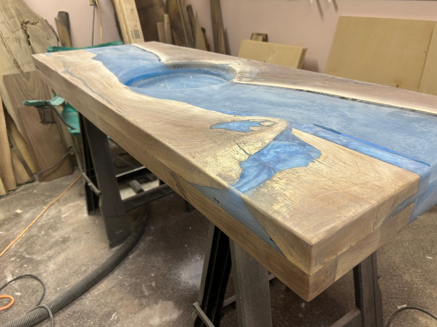 Resin River Sink-Blue epoxy resin river Maple Slab with Floating base cabinet