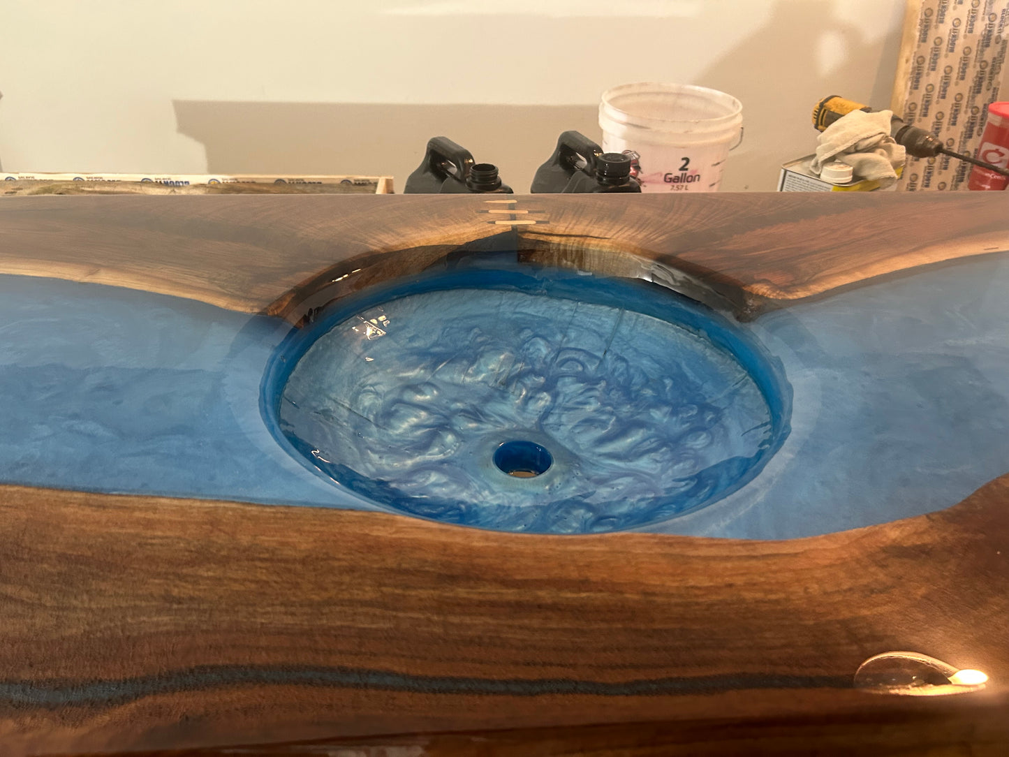 Resin River Sink-Blue epoxy resin river Maple Slab with Floating base cabinet