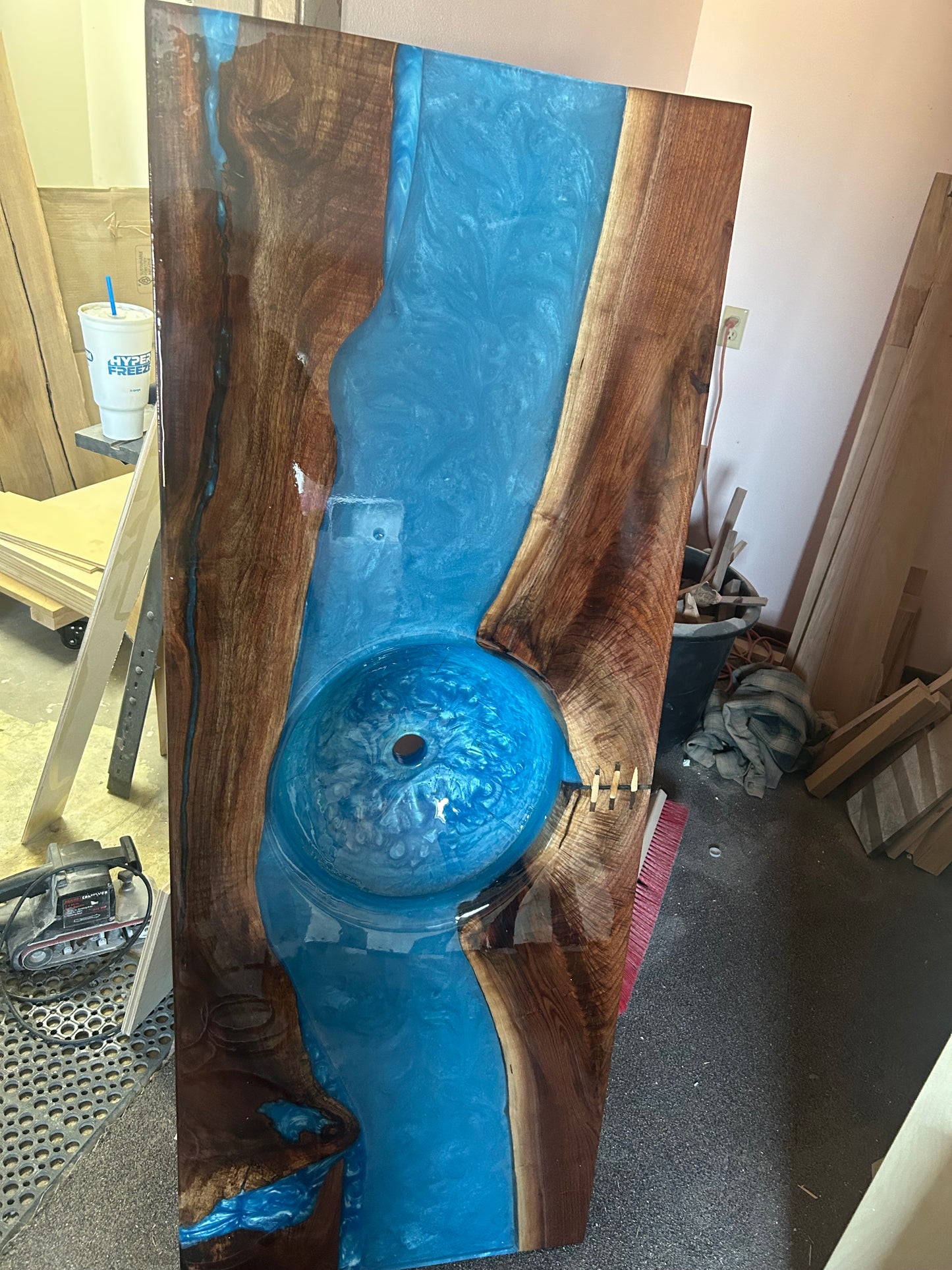 Resin River Sink-Blue epoxy resin river Maple Slab with Floating base cabinet