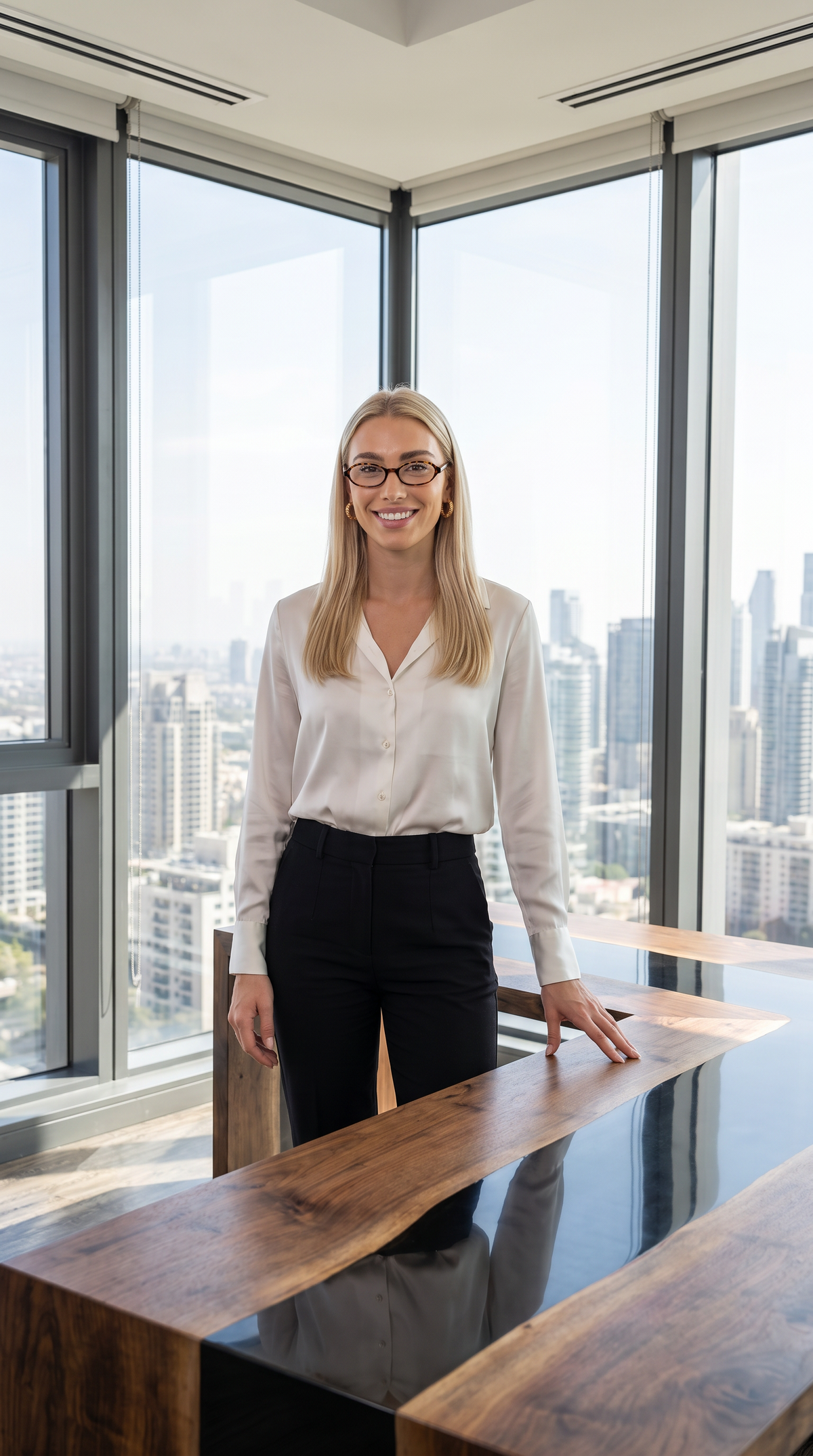 Woman standing at the live edge walnut executive desk