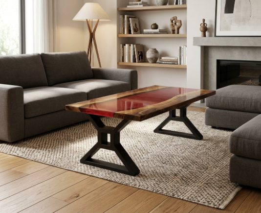 A rustic live-edge wood coffee table with a glossy red resin inlay and black metal X-shaped legs, styled in a modern living room next to a gray sofa and rug.