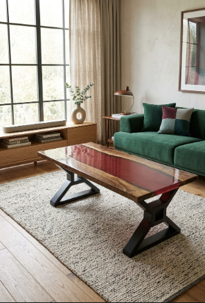 A modern live-edge wood coffee table with a glossy red resin inlay and black metal X-shaped legs, styled in a bright living room on a textured rug next to a green sofa.