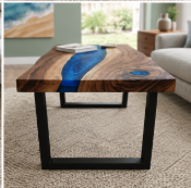 Front view of the walnut and blue epoxy river coffee table