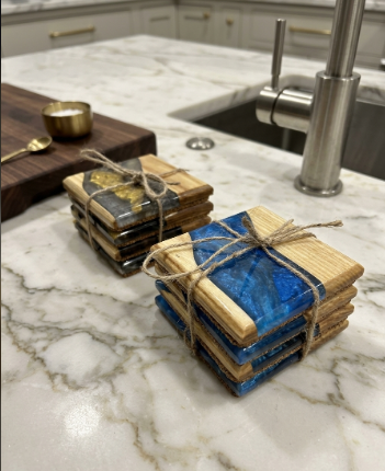 Handmade White Oak and Resin Epoxy Coaster Set | set of 4