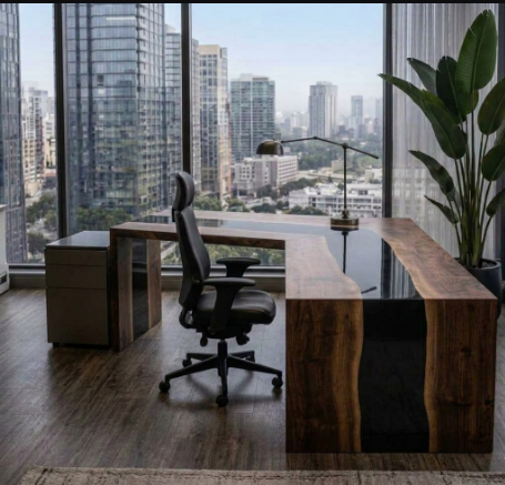 Executive Walnut Resin River Desk and Credenza Office