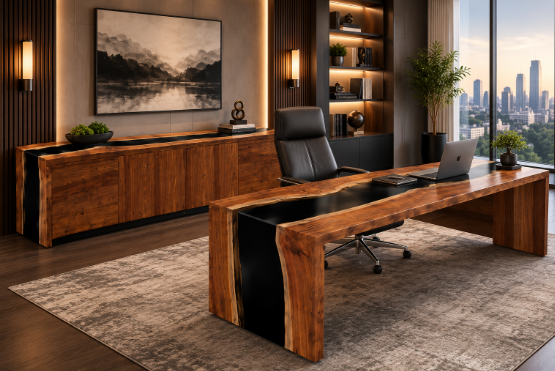 Live edge walnut executive desk with matching credenza in an office