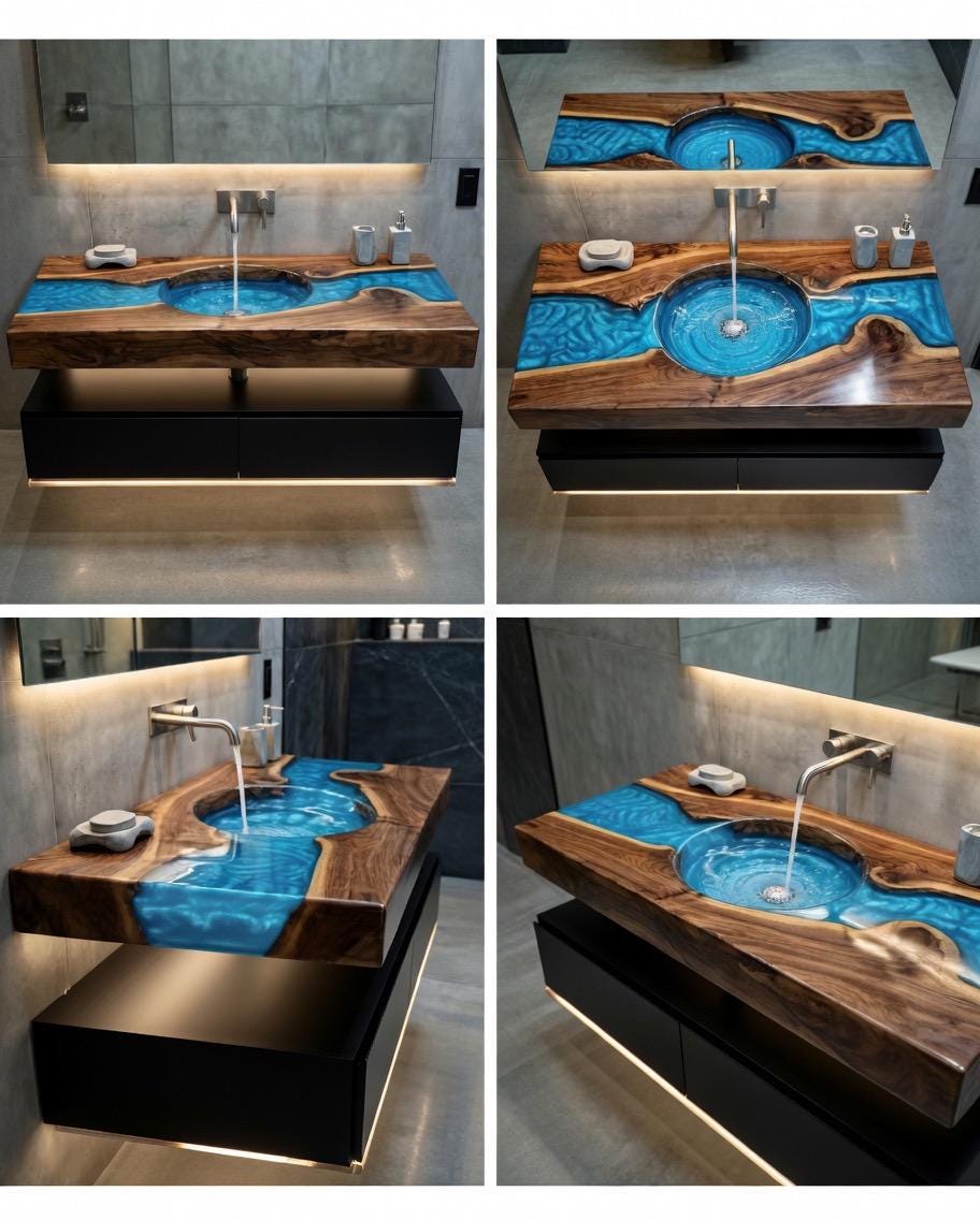 Modern bathroom sink with wooden top and blue resin inlay, featuring LED lighting.