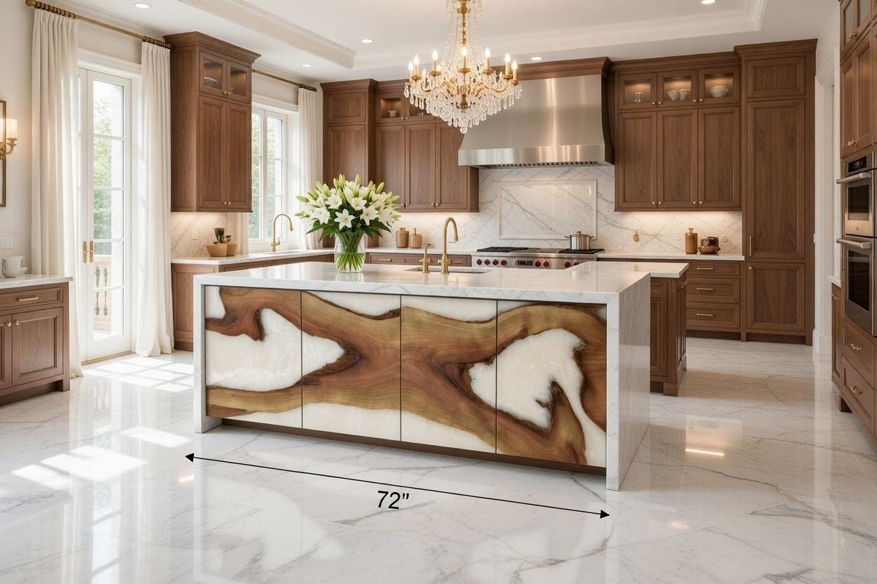 Modern kitchen with wooden island and measurement label