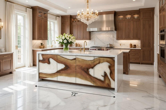 Modern kitchen with wooden island and measurement label