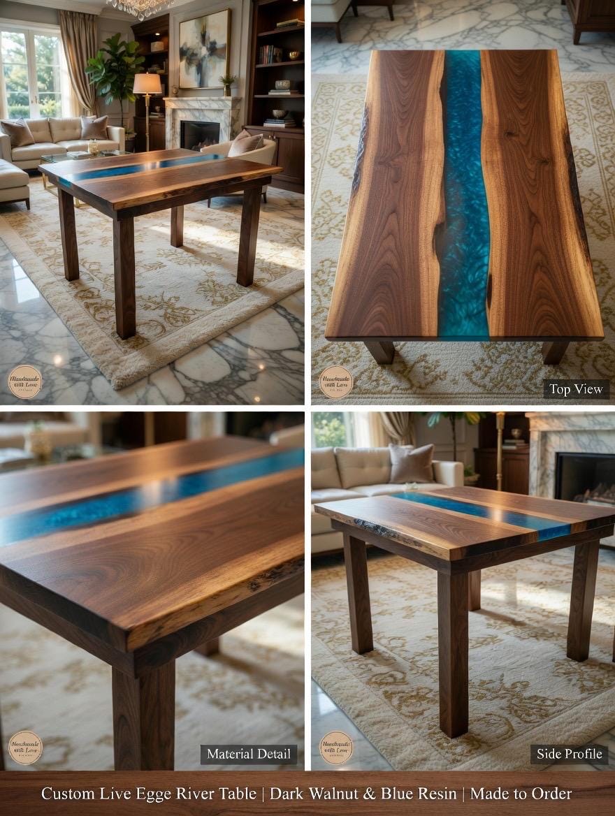 Collage of a wooden table with blue resin inlay in a living room setting.