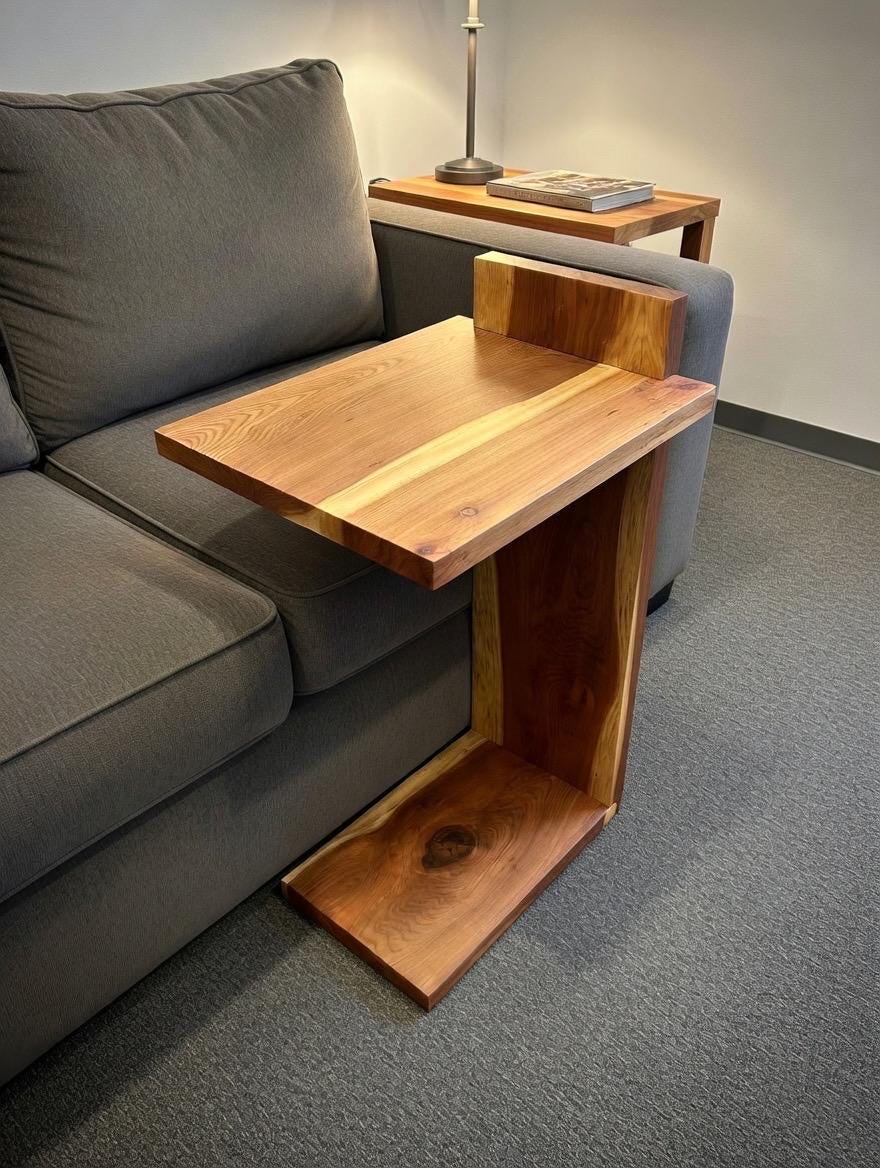 Handmade Live Edge Blue Epoxy River RedWood C Table | Modern Walnut Sofa Side Table | Couch Slide Under Table | Solid Wood Furniture