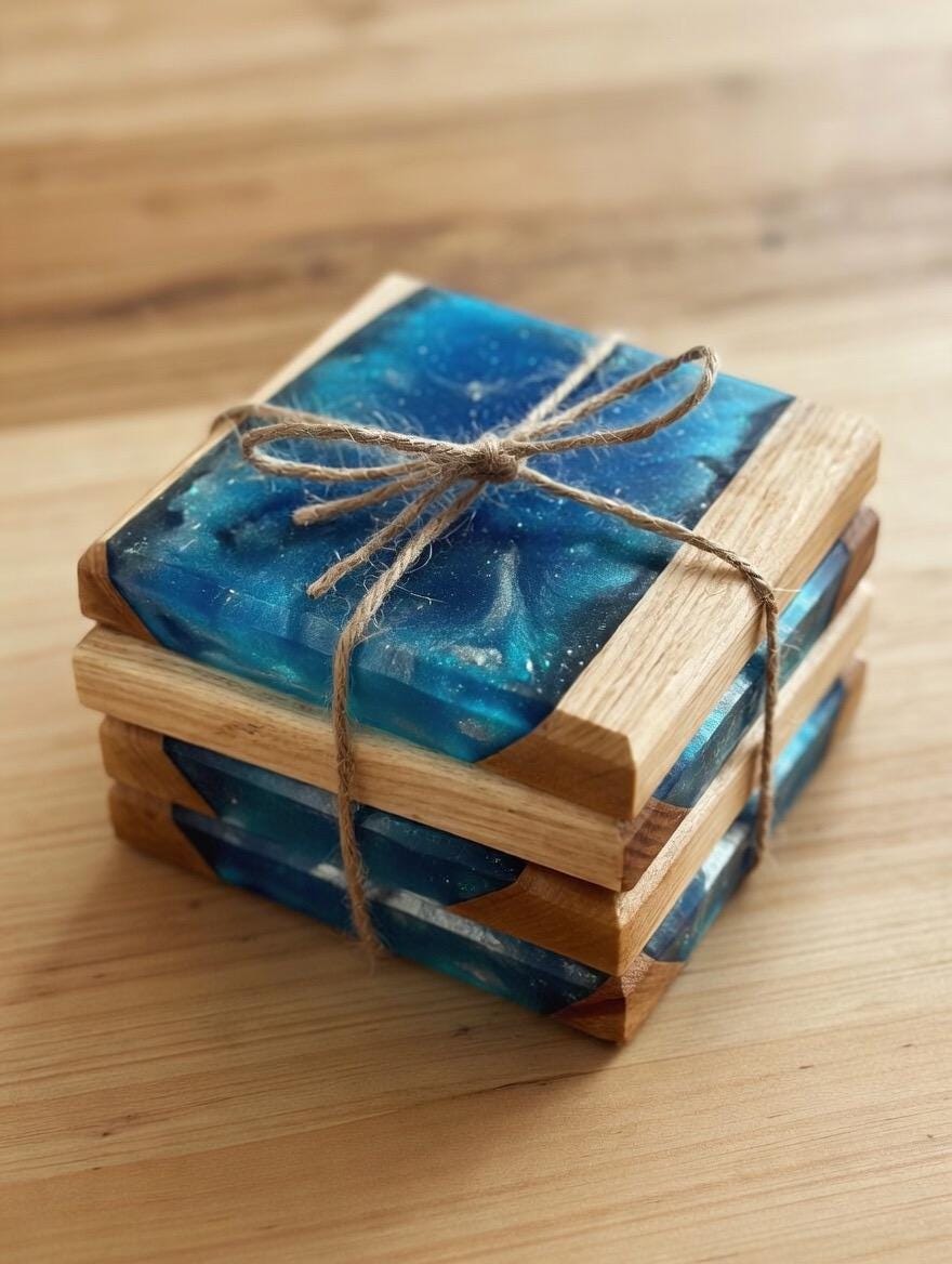 Handmade White Oak and Resin Epoxy Coaster Set | set of 4