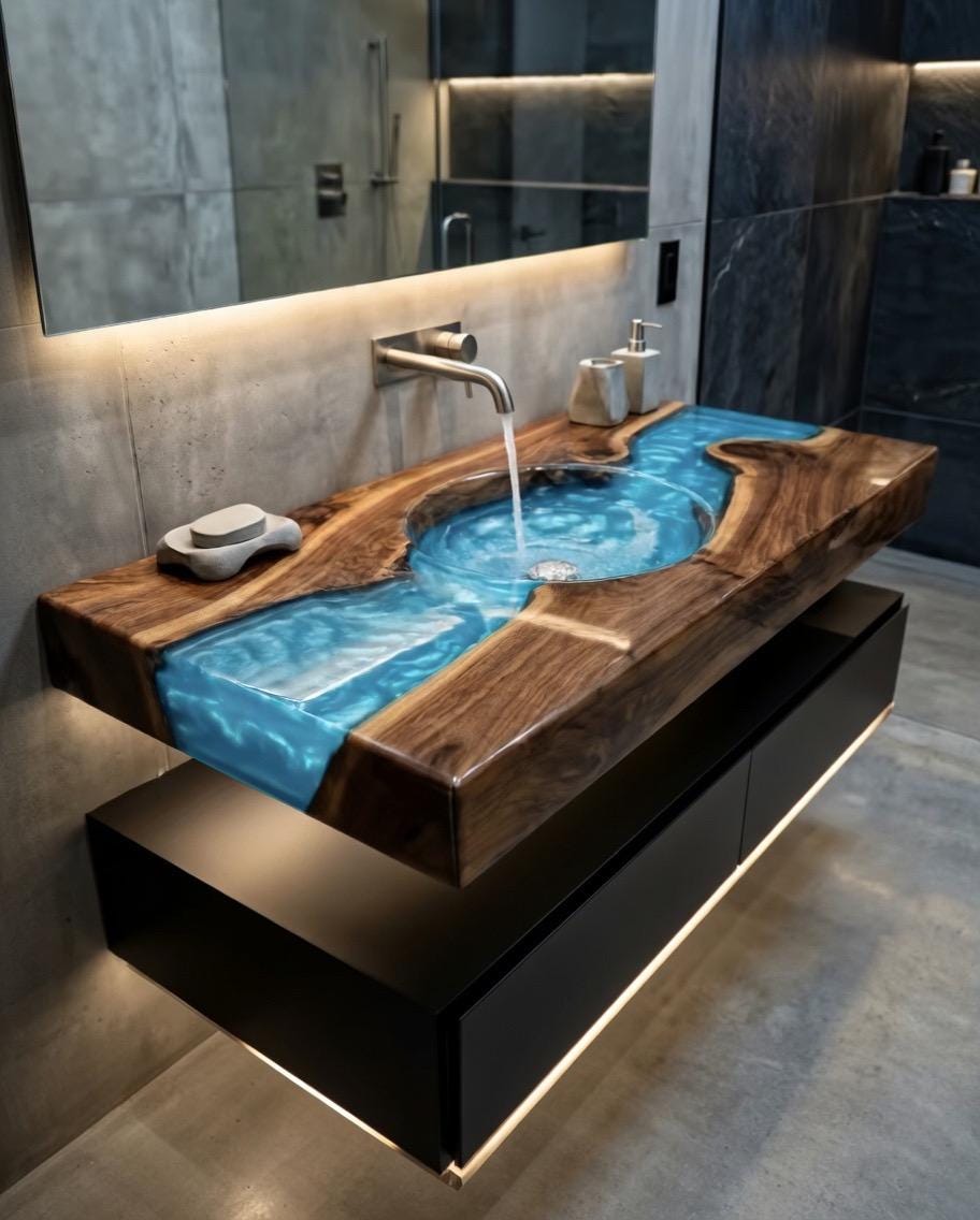 Modern bathroom sink with wooden and glass design