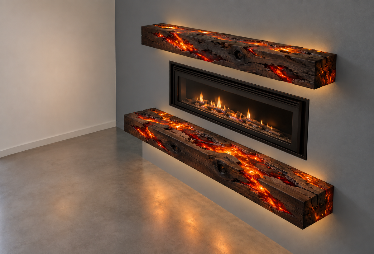 Live edge fireplace mantel and hearth set with glowing ember epoxy inlay and LED backlighting
