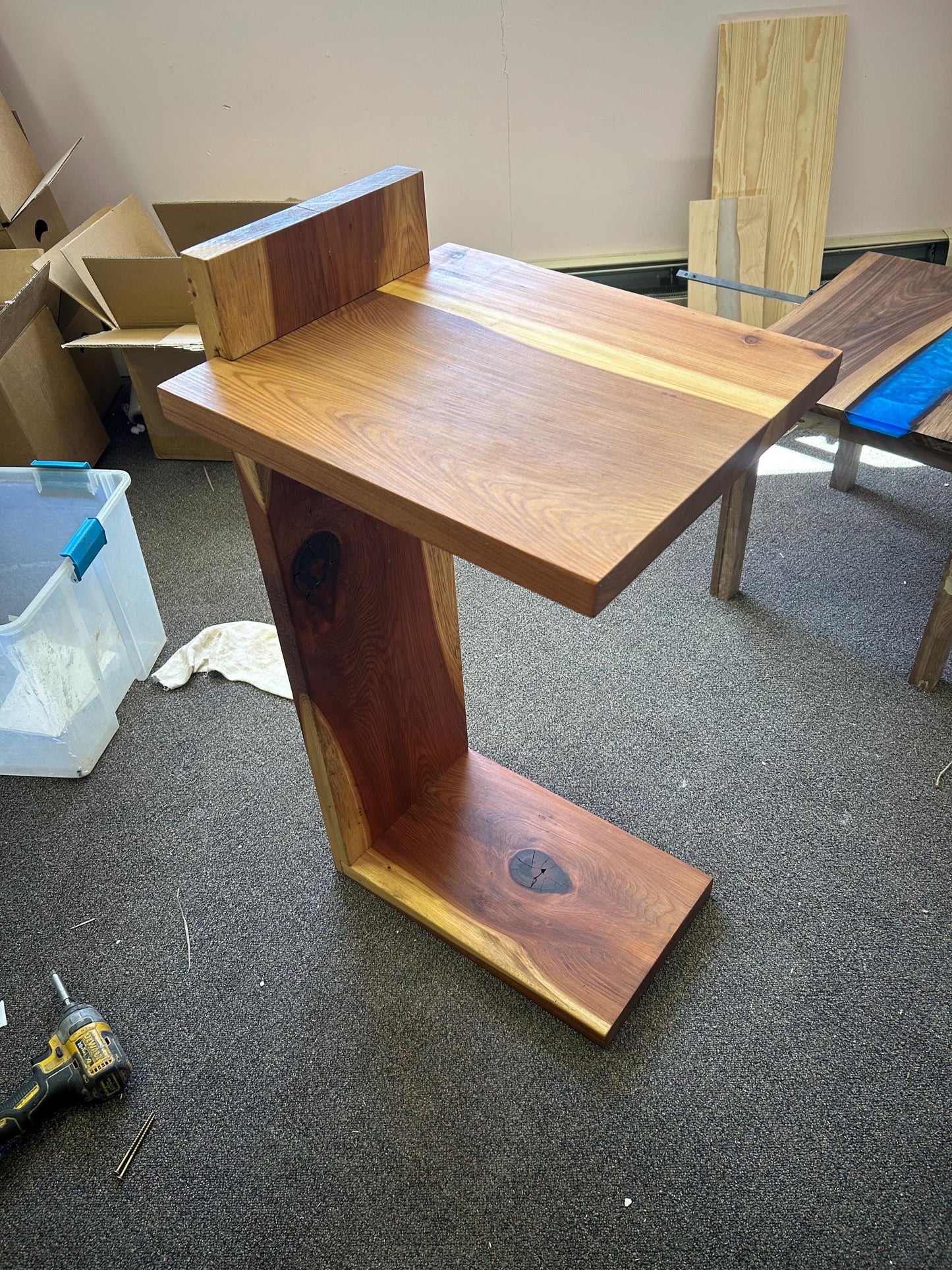 Handmade Live Edge Blue Epoxy River RedWood C Table | Modern Walnut Sofa Side Table | Couch Slide Under Table | Solid Wood Furniture
