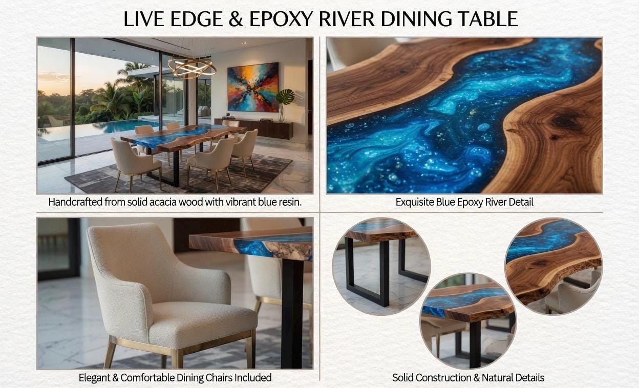 Live edge dining table with blue epoxy resin detail, shown in various settings.