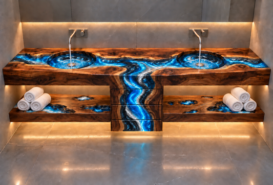 Double-bowl river vanity styled with rolled towels