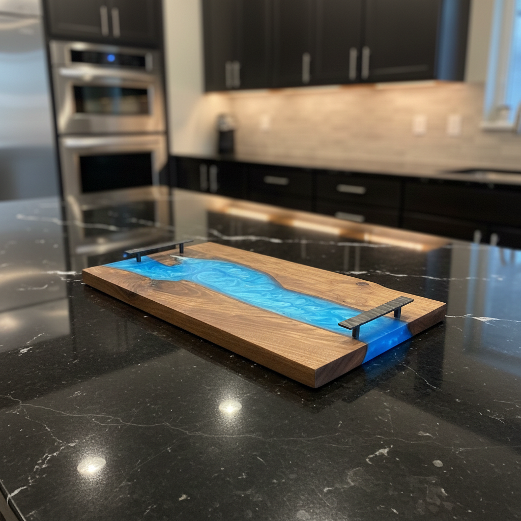Black Walnut Live Edge Charcuterie Board - Blue River Epoxy Resin Serving Tray