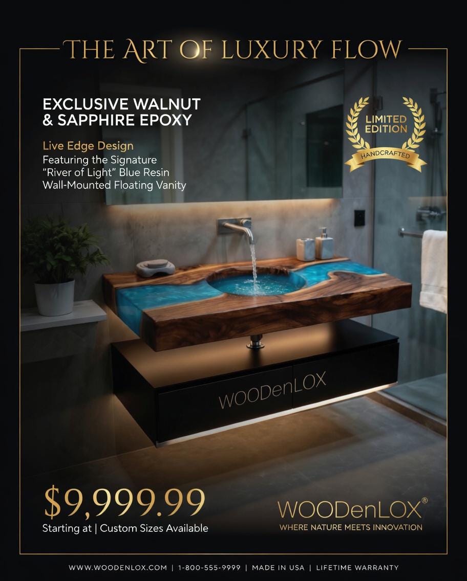 WoodenLOX wall-mounted floating vanity with exclusive walnut and sapphire epoxy finish, featuring a limited edition badge.