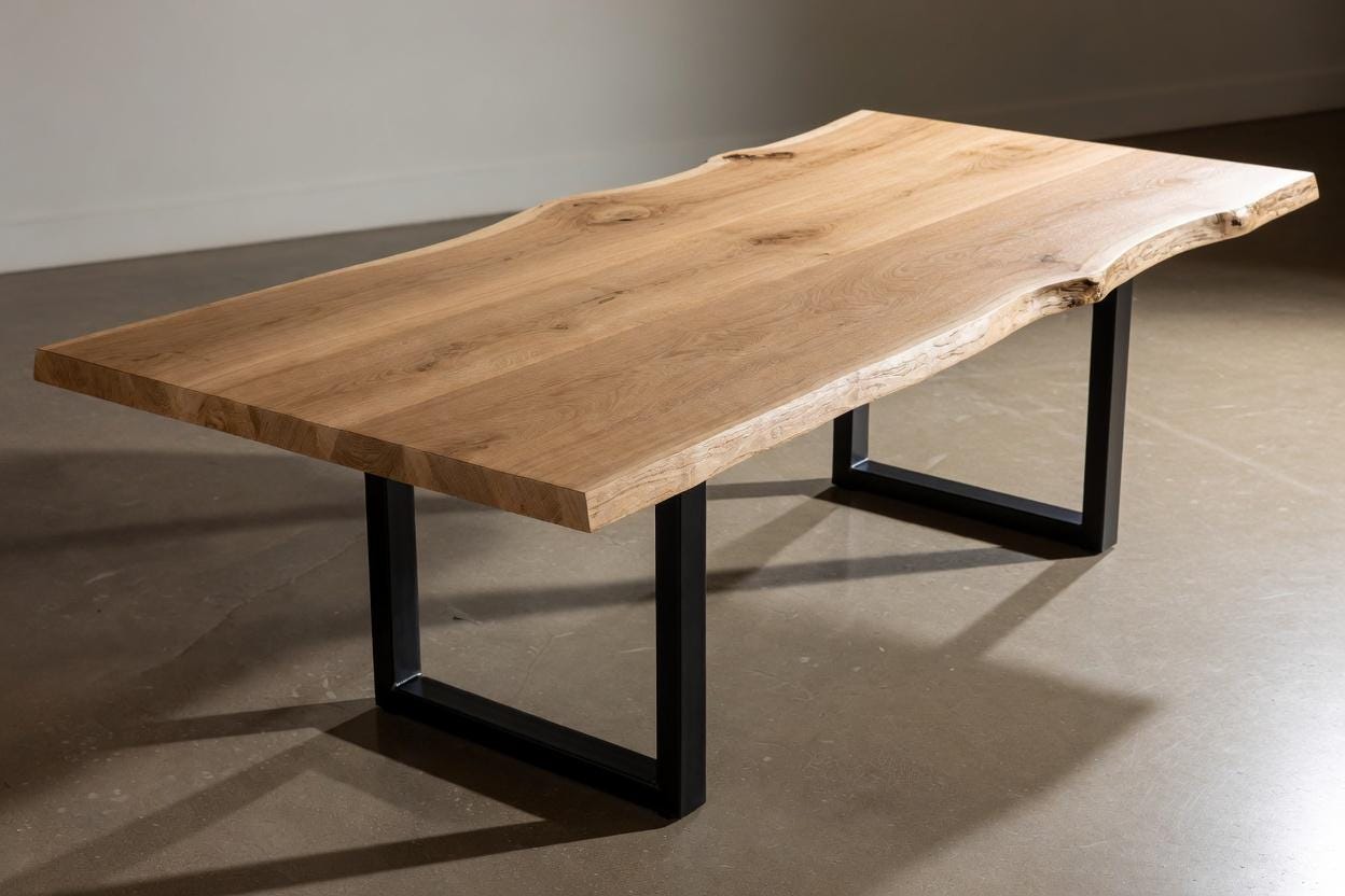 Wooden coffee table with black metal legs on a plain floor