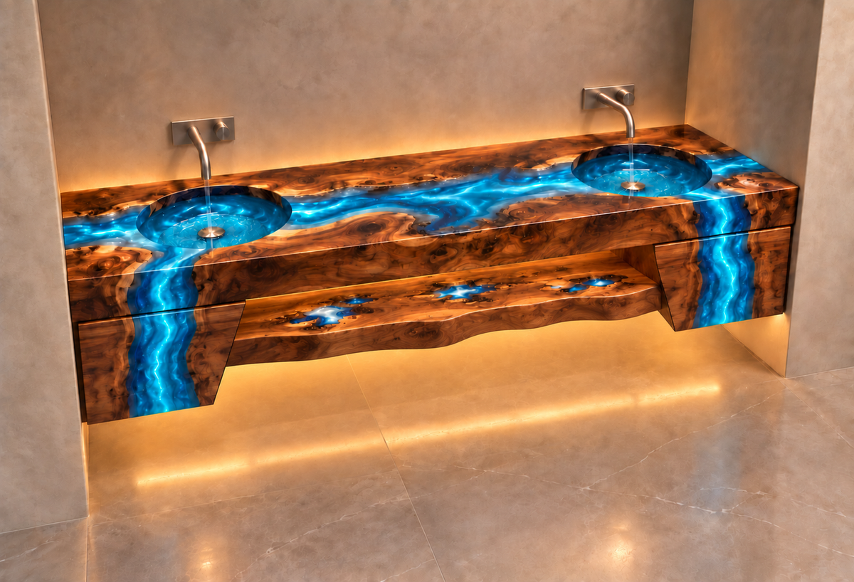 Custom Double-Bowl Epoxy River Sink Vanity — 50% Deposit