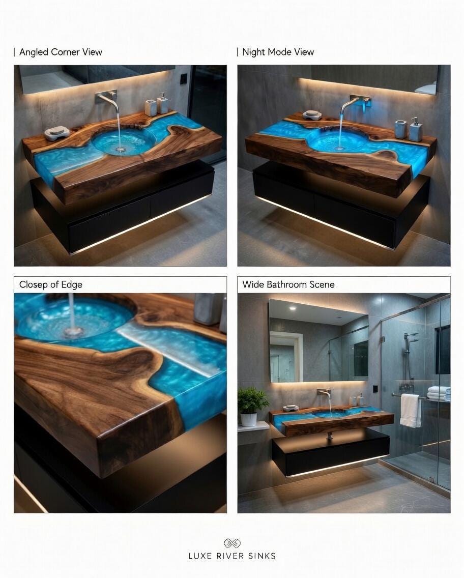 Collage of a modern bathroom setup with a sink and bathtub, featuring different views and angles.