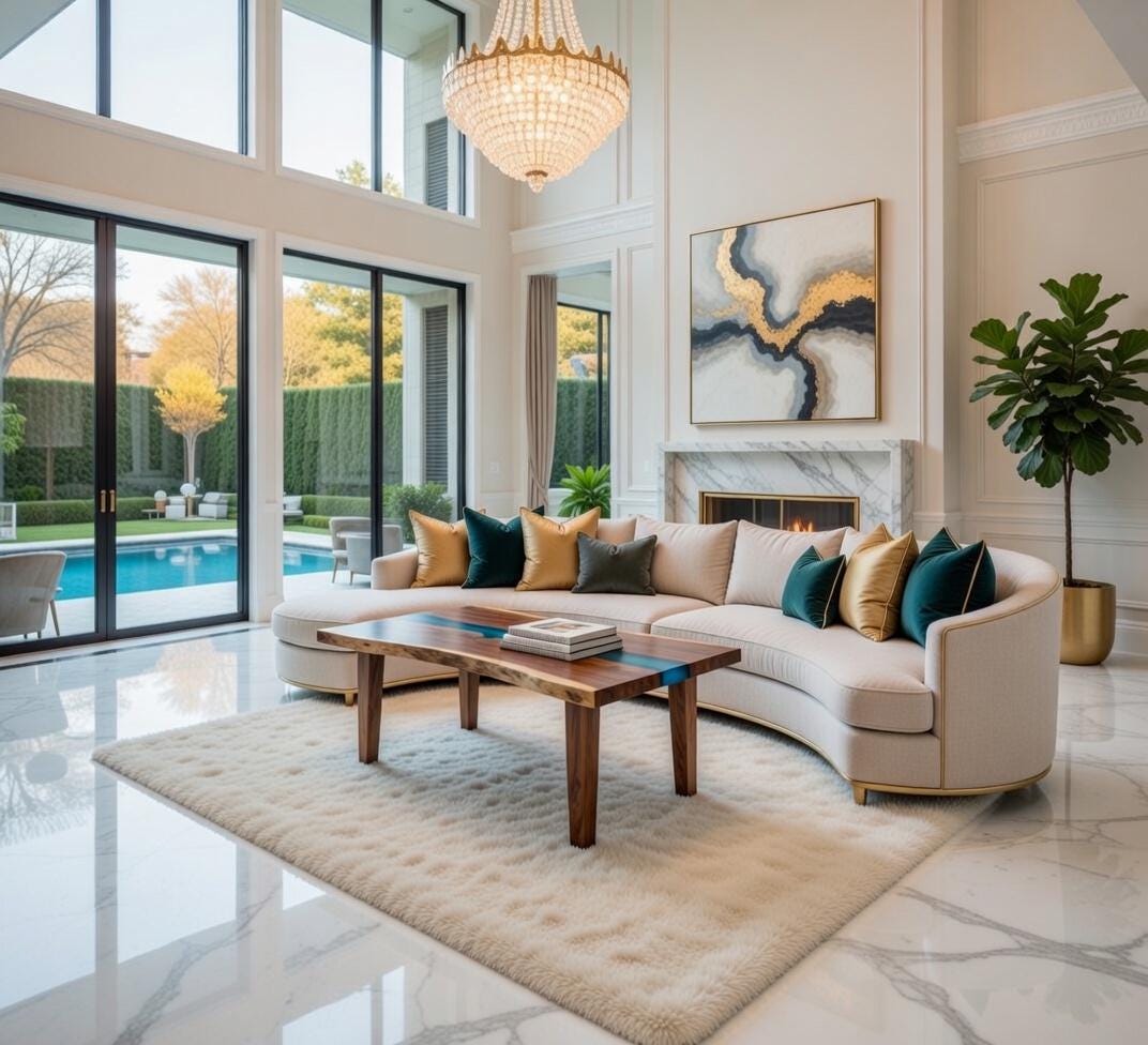 Modern living room with a sectional sofa, coffee table, and large windows overlooking a pool.