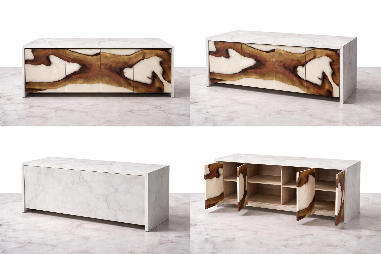 Set of modern furniture pieces including a sideboard, coffee table, and storage unit on a light gray background.
