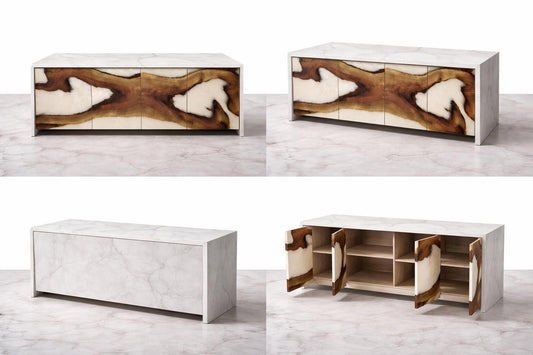Set of modern furniture pieces including a sideboard, coffee table, and storage unit on a light gray background.
