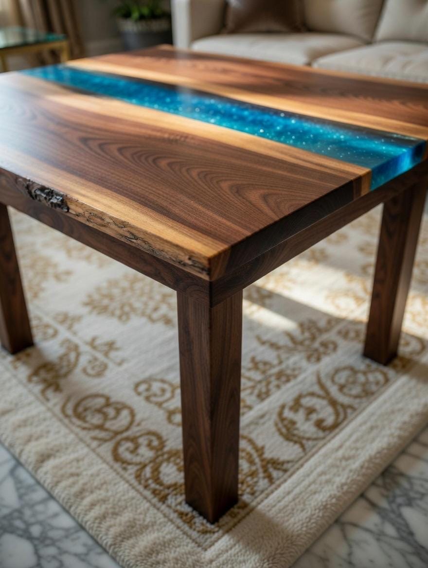 Wooden table with a blue resin inlay on a patterned rug