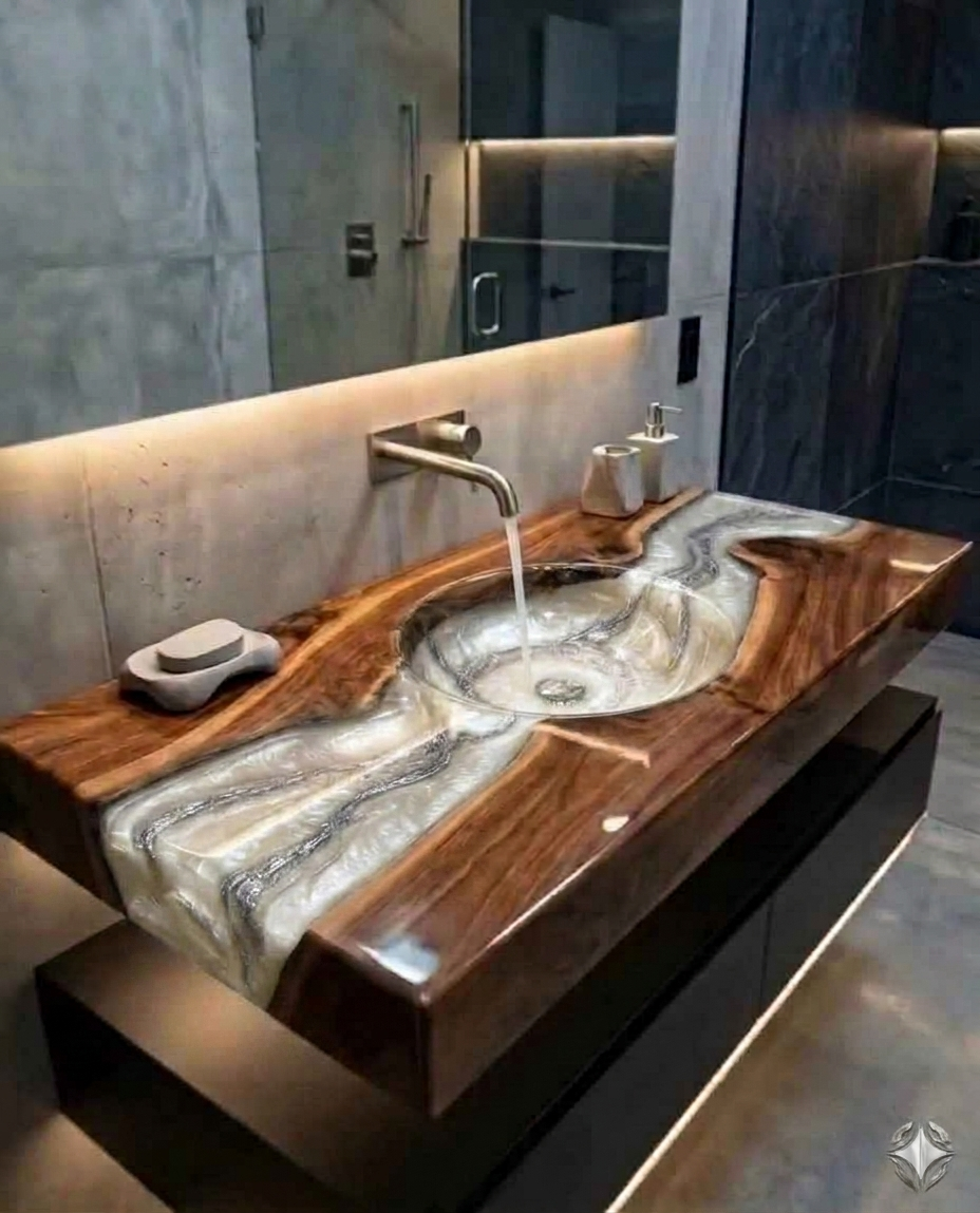 Live Edge Walnut River Table, Epoxy Resin ART Sink & Wood Vanity