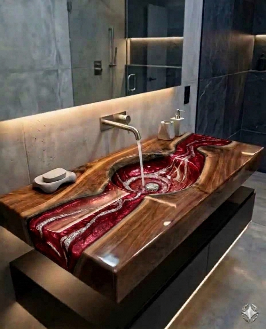 Live Edge Walnut River Table, Epoxy Resin ART Sink & Wood Vanity