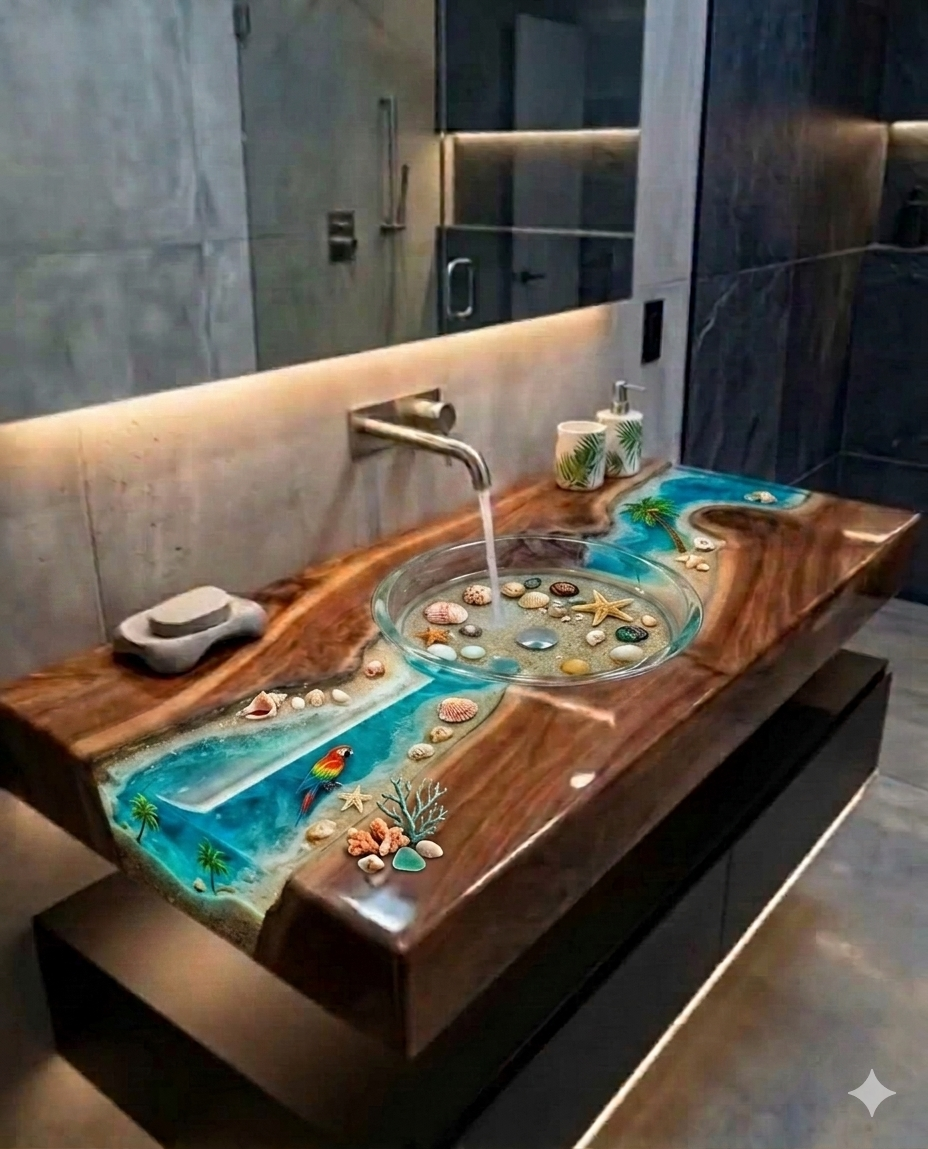 Theme Live Edge Walnut River Table, Epoxy Resin sink & Wood Vanity