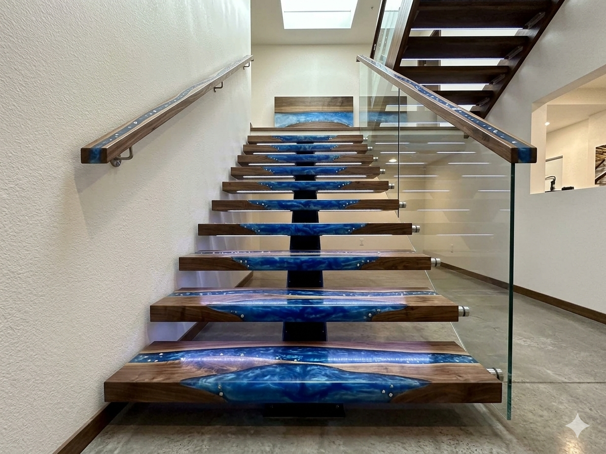 Handmade ASH and Epoxy Resin Stair Treads – Non-Slip, Custom Luxury Interior Steps