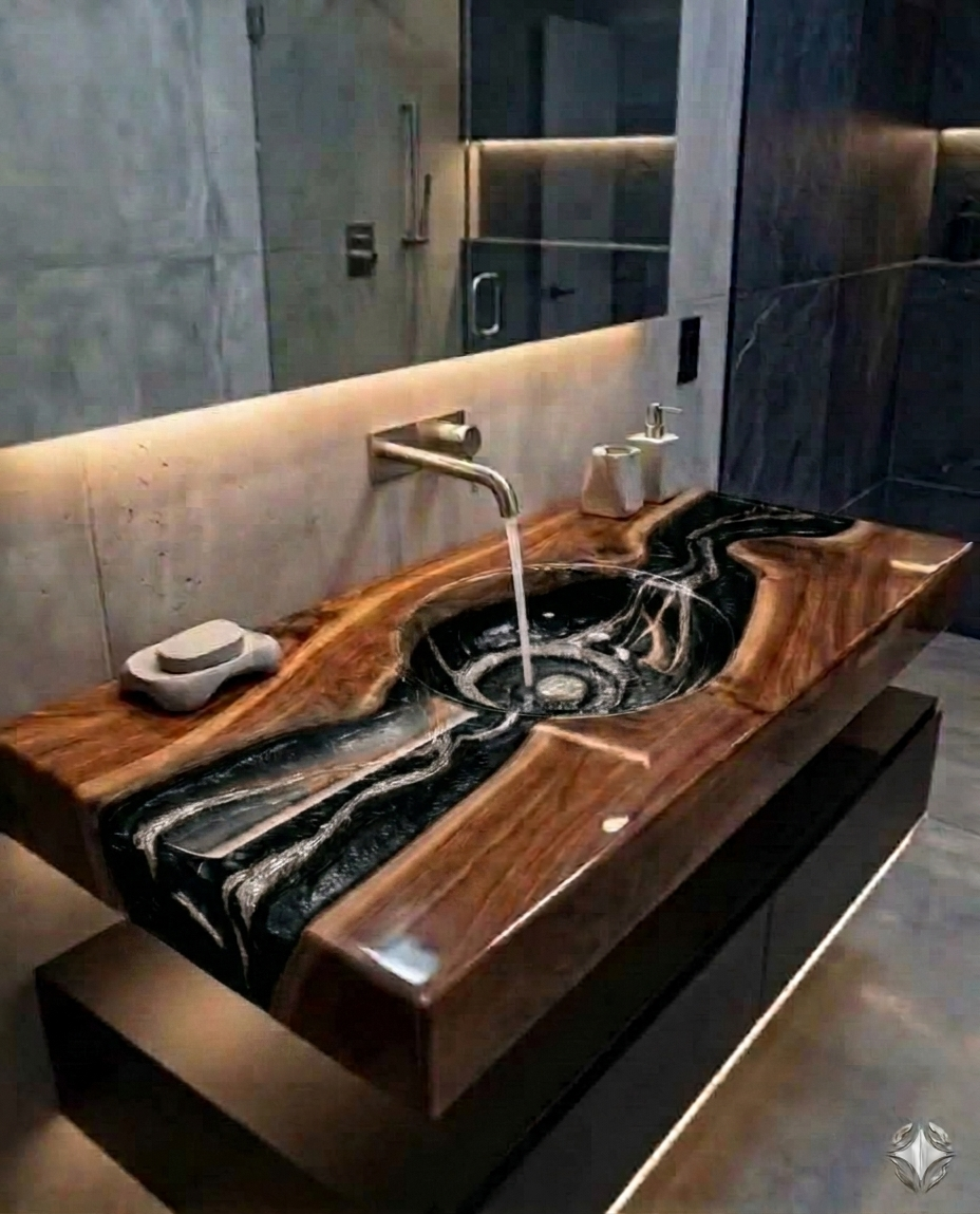 Live Edge Walnut River Table, Epoxy Resin ART Sink & Wood Vanity