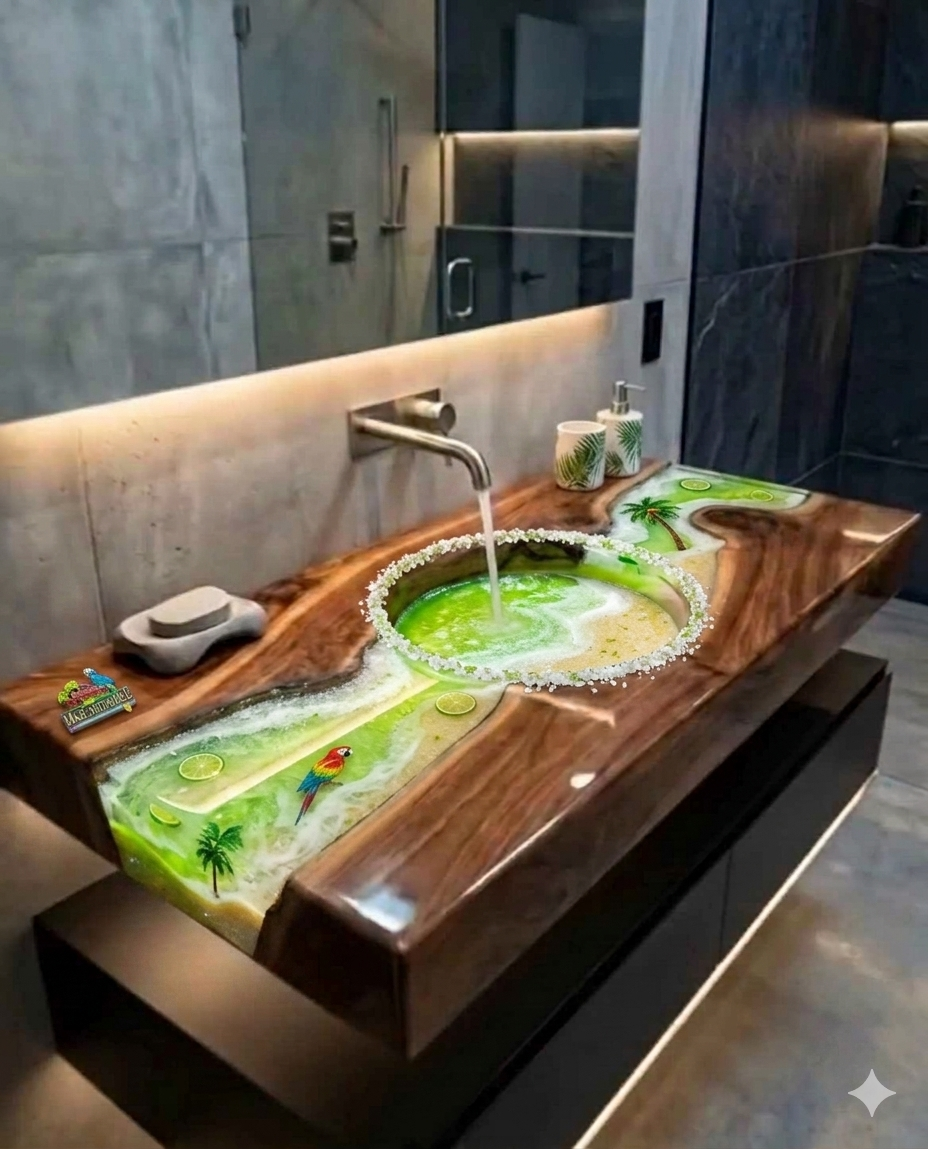 Theme Live Edge Walnut River Table, Epoxy Resin sink & Wood Vanity