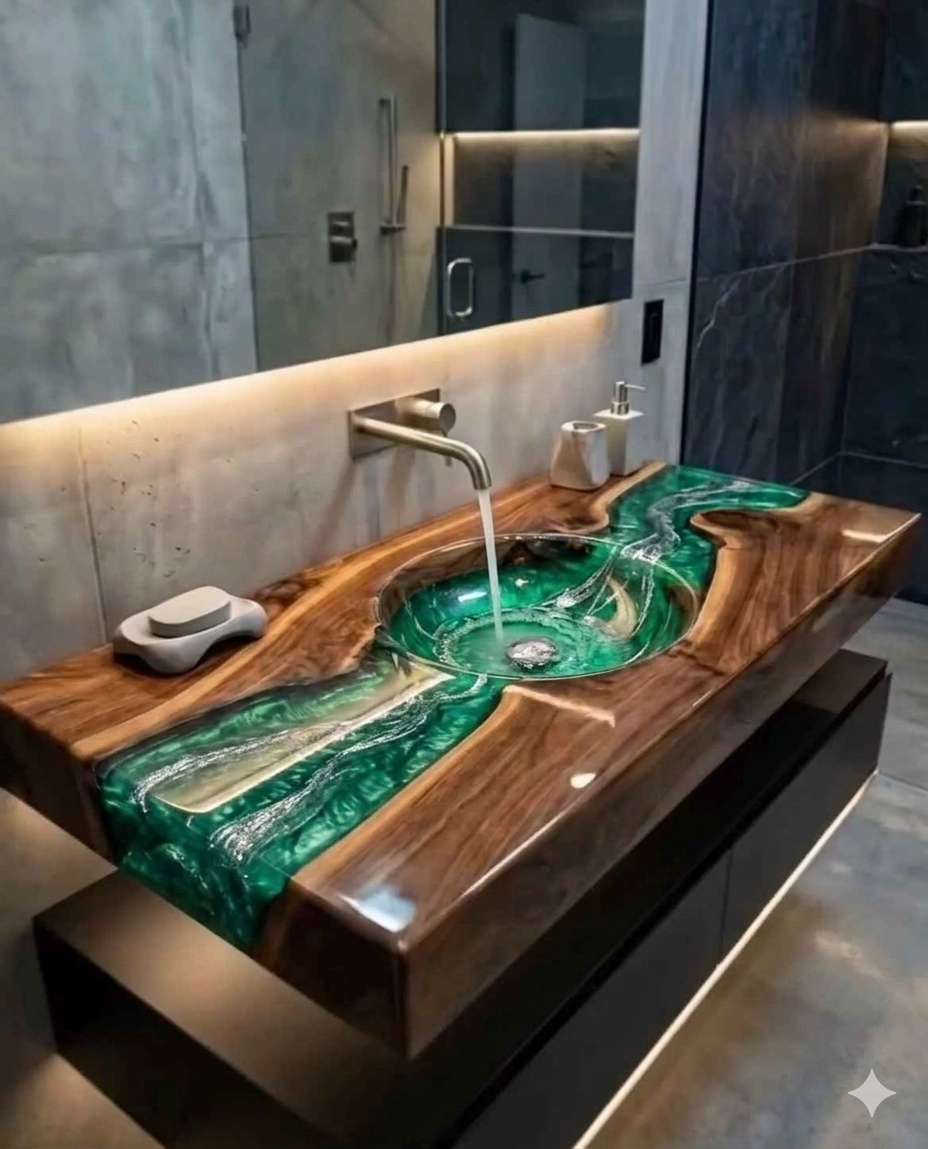 Live Edge Walnut River Table, Epoxy Resin ART Sink & Wood Vanity