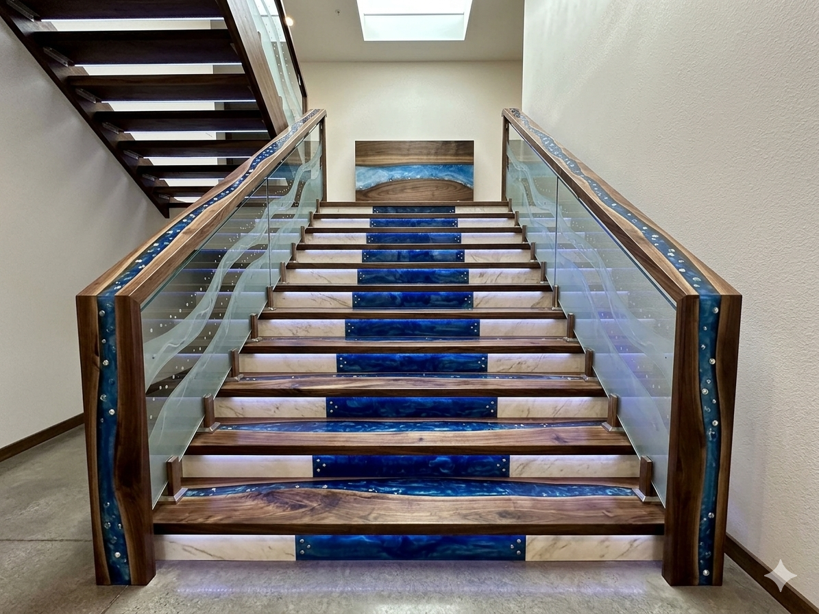 Handmade ASH and Epoxy Resin Stair Treads – Non-Slip, Custom Luxury Interior Steps