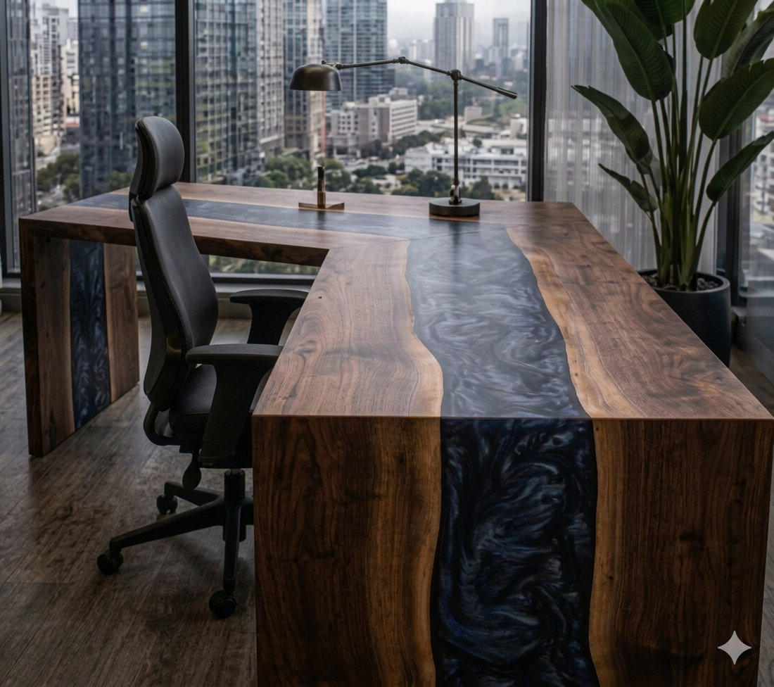 Executive Walnut Resin River Desk and Credenza Office