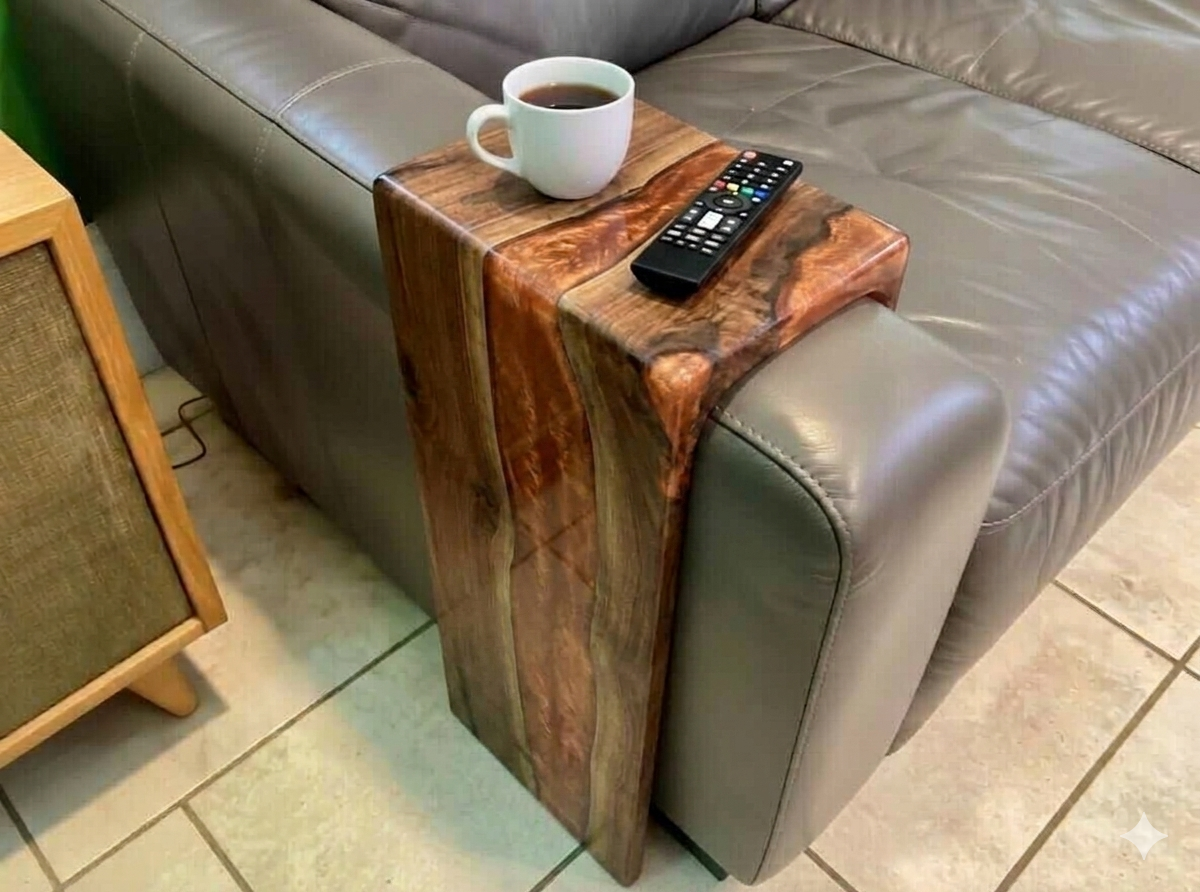 Black walnut/ash epoxy sofa armrest table With WATERFALL