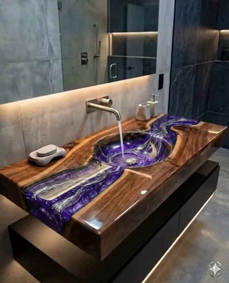 Live Edge Walnut River Table, Epoxy Resin ART Sink & Wood Vanity